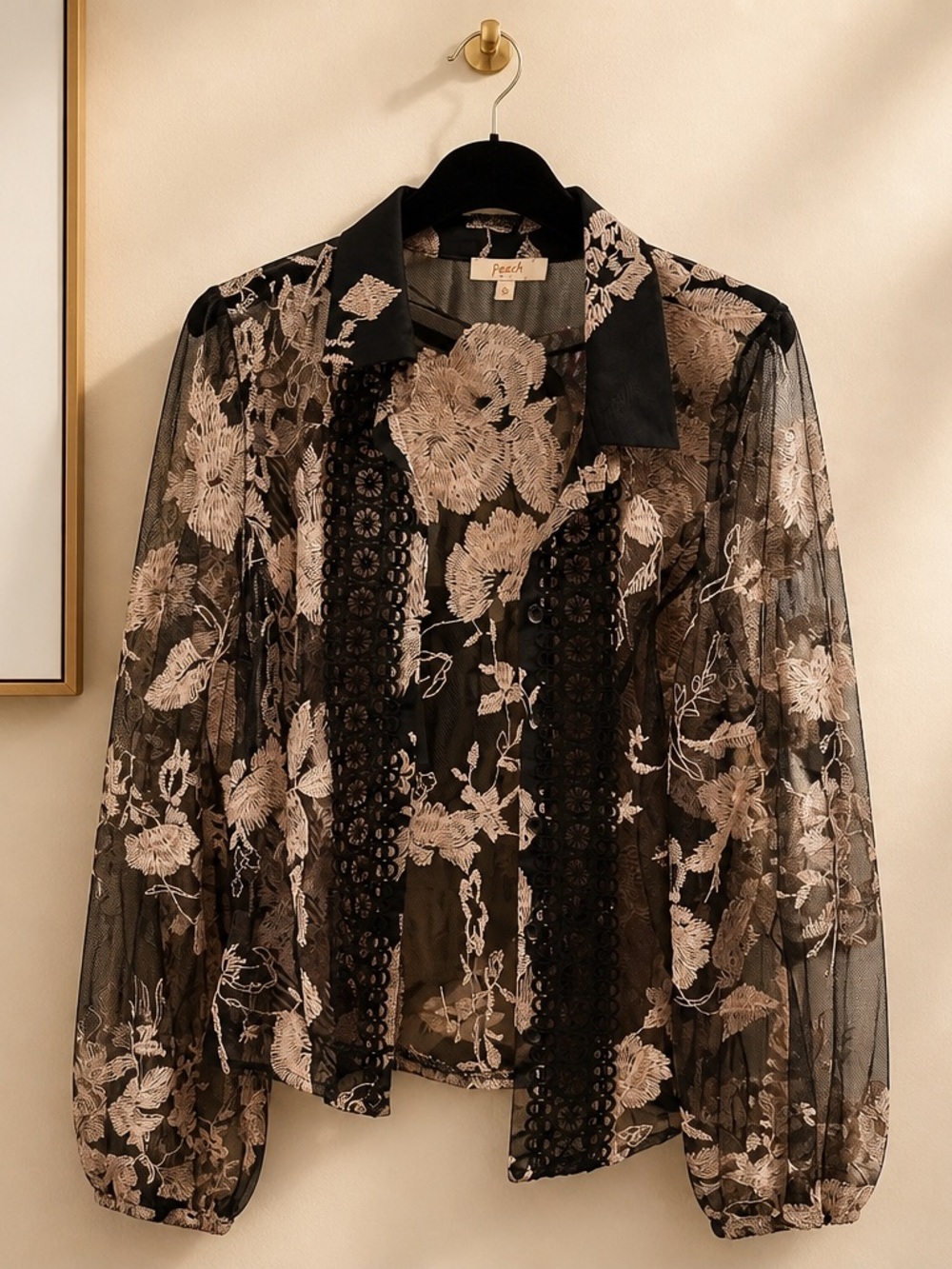 Source Unknown Black Sheer Floral Lace overlay with Cream Embroidery